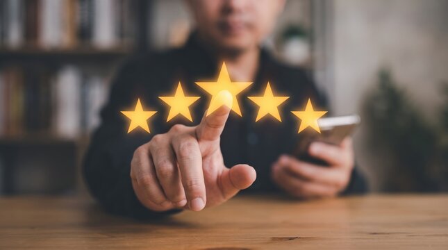 Customer giving five star rating review on mobile phone screen indicating excellent service quality and high satisfaction level feedback