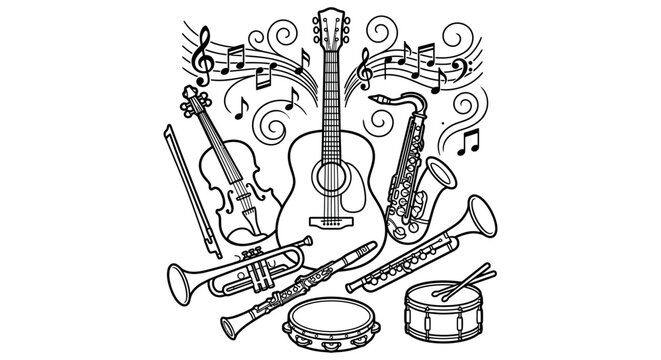 Collection of musical instruments and notes presented as a black silhouette