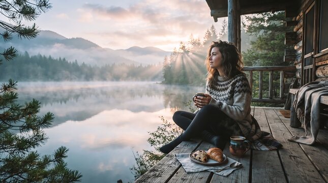 Person relaxing on wooden deck overlooking serene mountain lake at sunset.