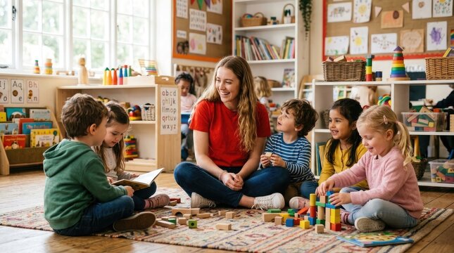A smiling female teacher sitting on the floor with diverse young children playing with wooden toys during a fun teacher s day celebration