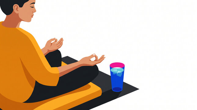 Young person meditating peacefully on mat next to glass of water  