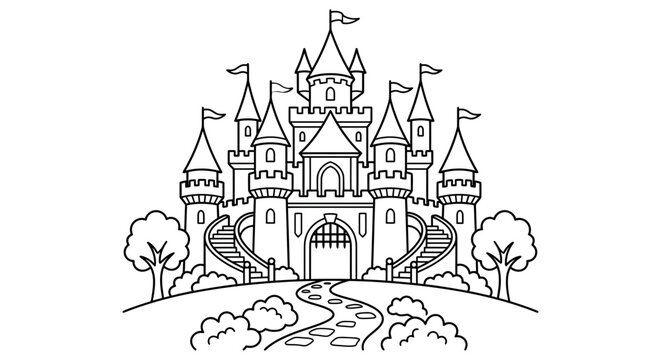 Detailed castle illustration with towers and flags presents a black silhouette