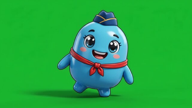Cute blue cartoon character with a pilot hat and red scarf, standing on a green screen background.
