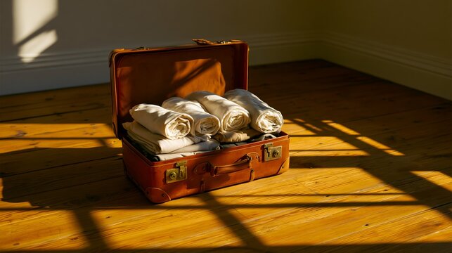 Open suitcase holds rolled white towels