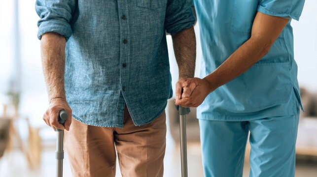 Healthcare Professionals Supporting Elderly Person with Walking Assistance in Modern Facility