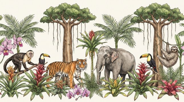 Seamless border with cute jungle animals blooming flowers and green tropical trees standard vector illustration style