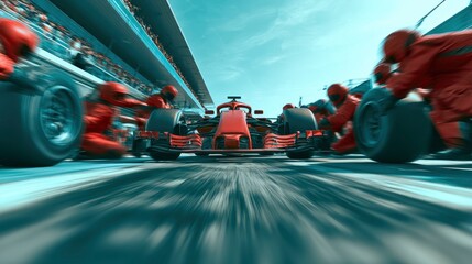 Obraz premium High-Speed Formula One Car in Pit Lane with Support Teams and Mechanics