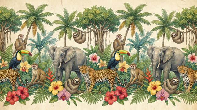 Detailed tropical jungle animal seamless border pattern showcasing lush botanical leaves and vibrant exotic flowers