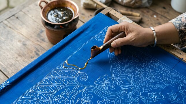 Traditional batik artist hand painting wax on blue fabric, artisan textile craft process, ethnic handmade pattern design on indigo cloth
