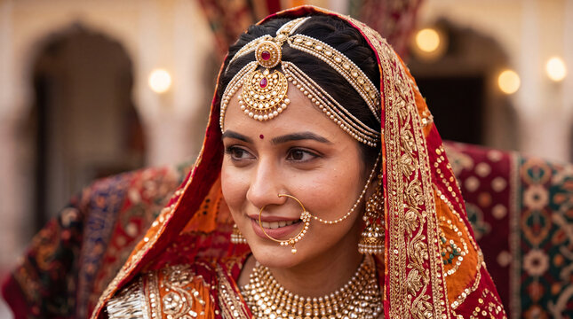 Rajasthani bride wearing traditional gold Borla maang tikka
