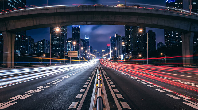 Nighttime cityscape view under an elevated highway with blurred light trails from moving vehicles in a modern urban environment