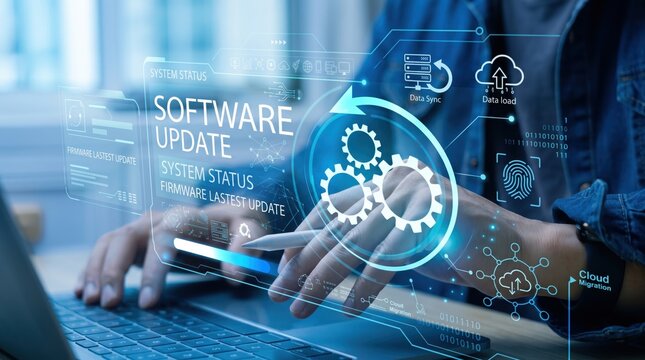 Software update system status interface showing firmware latest version, cloud migration and data sync process, gears turning for maintenance, person using stylus on tablet