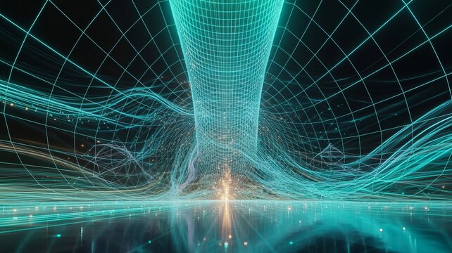 Abstract digital tunnel with glowing cyan light lines and a wireframe grid structure, representing data flow, cyberspace, and futuristic network connectivity in a dark virtual environment