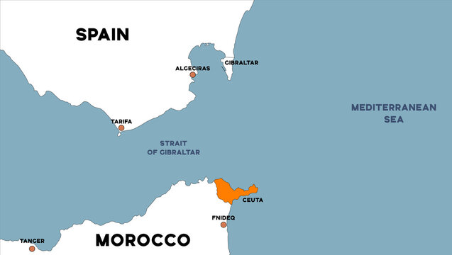 Illustration of a map showing parts of Spain and Morocco with the Strait of Gibraltar between them, depicting the migration crisis in Ceuta.