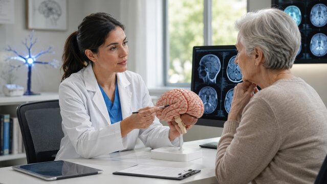 A healthcare professional engages in a detailed consultation with a patient, using a brain model to discuss neurological health and brain-related concerns.
