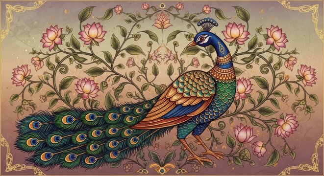 Exquisite Peacock Amidst Floral Embellishments in Vintage Style.