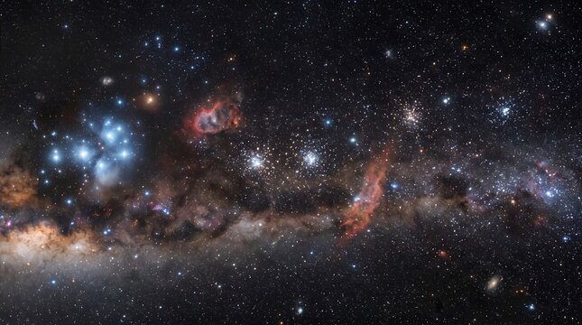 Panoramic View of the Vast Celestial Milky Way Galaxy Featuring Glowing Star Clusters and Colorful Deep Space Nebulae in the Dark Night Sky