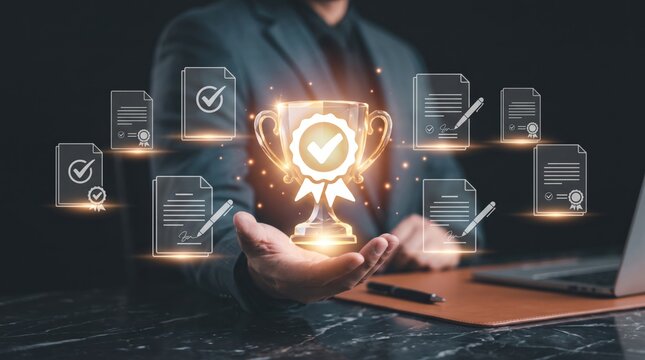 Businessman holding glowing trophy cup with documents, success, achievement award, corporate excellence, professional victory, digital interface, business growth, winning strategy
