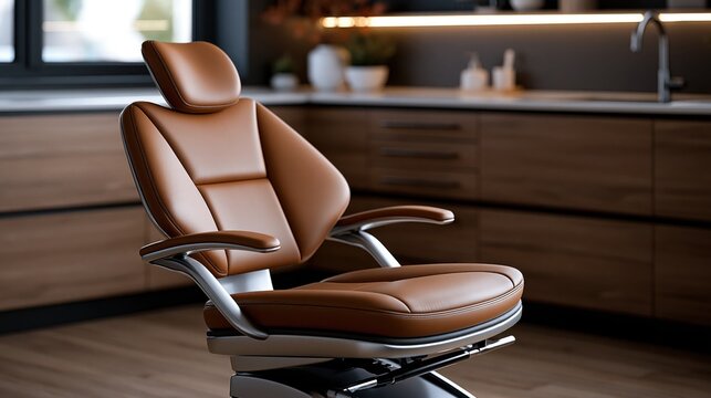 Modern brown dental chair in a clean contemporary clinic interior with warm ambient lighting and blurred background.