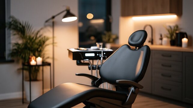 Empty modern dental chair in a clean contemporary clinic interior with warm ambient lighting and a calm professional atmosphere.