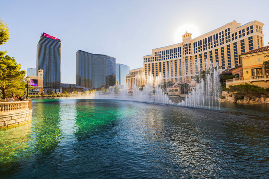 Beautiful view of Bellagio fountains and Las Vegas Strip hotels at sunset. Las Vegas. USA. 