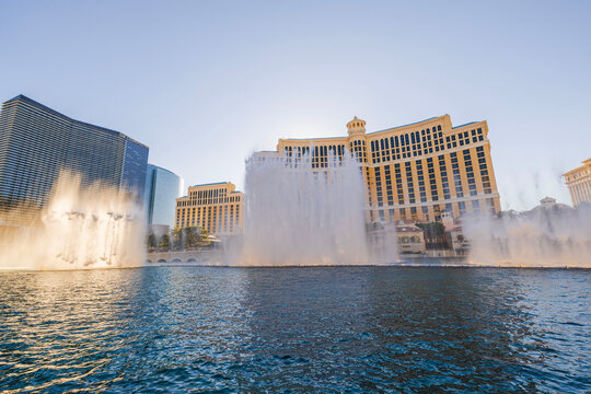 Beautiful view of Bellagio fountains and Cosmopolitan hotel on Las Vegas Strip. Las Vegas. USA. 