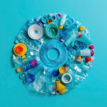Creative arrangement of plastic waste bottles caps and rings on blue background