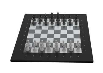 Chessboard with complete set of pieces in starting position, classic strategy game symbolizing planning, tactics, competition and intellectual challenge. © igor.nayda