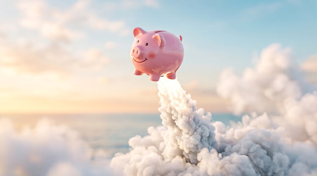 Flying pink piggy bank soaring through a pastel sky with fluffy clouds and a rocket trail below
