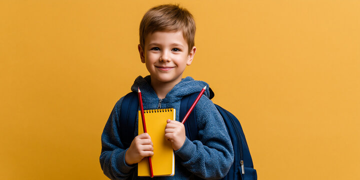 A smiling young boy with a backpack and a notebook, ready for school. He is wearing a blue hooded sweatshirt and has a bright yellow notebook with red pencils.