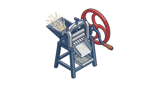 Isometric manual chaff cutter machine processing dry wheat stalks into small pieces