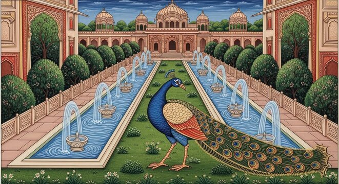 Exquisite Peacock Amidst Mughal Garden Fountains and Palace Architecture.