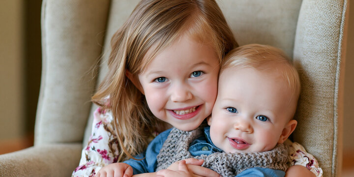 A sweet portrait of a young girl and her baby brother snuggled together in a chair. They are both smiling happily at the camera, showcasing their sibling bond
