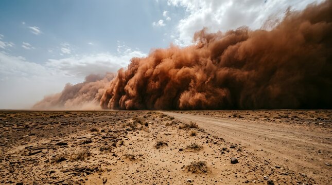 Massive sandstorm approaching desert road, haboob dust storm over arid landscape, extreme weather phenomenon in dry wilderness