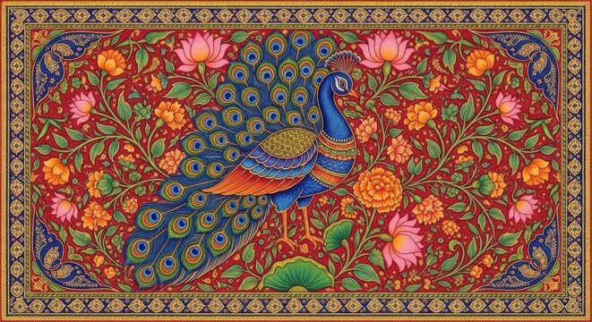 Exquisite Peacock Amidst Vibrant Floral Tapestry.