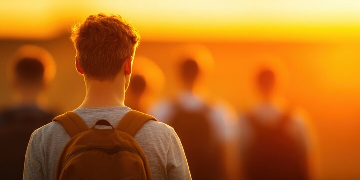 Student with backpack standing outdoors at sunset representing back to school concept for academic success and educational growth in autumn