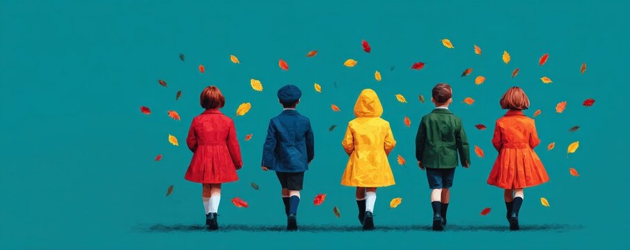 Five children in colorful autumn coats walking away together outdoors during back to school season with falling leaves representing new academic start