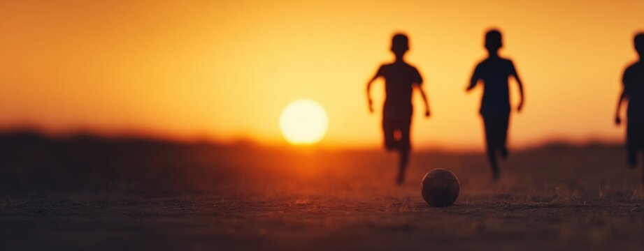 Silhouettes of children running with soccer ball on beach at sunset representing back to school season transition and active childhood memories