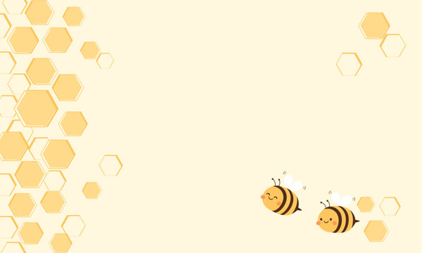 Cute honey bee border with smiling flying bees and geometric honeycomb hexagons on a soft cream background in hand drawn flat vector style for honey packaging, labels, banners and invitations.