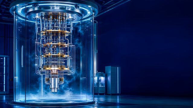 Advanced Quantum Computer With Cryogenic Cooling System in Research Laboratory