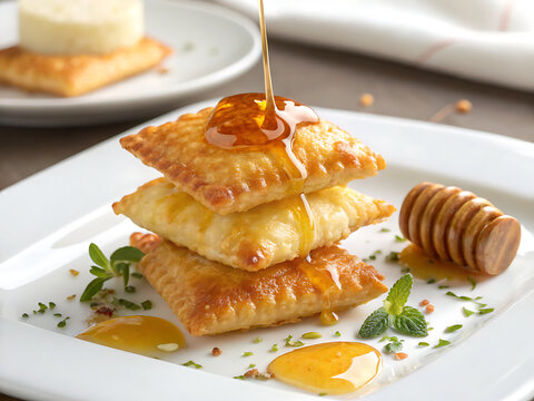 Sardinian Seadas fried cheese pastry with honey drizzle, gourmet presentation