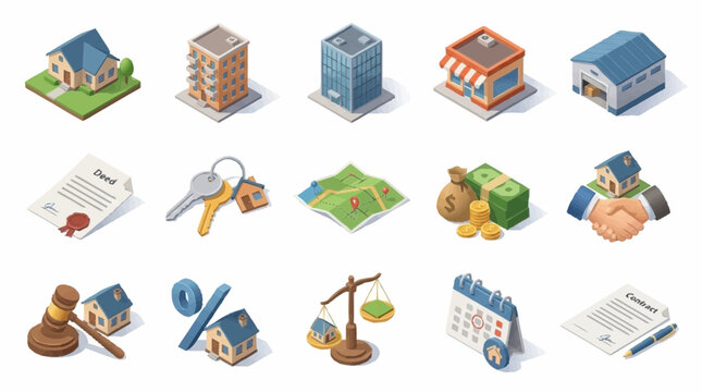 Colorful isometric icons representing business, real estate, and finance concepts.
