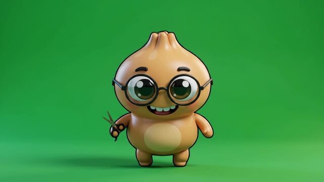 Cute cartoon onion character with glasses holding scissors on a green background, 3D render.