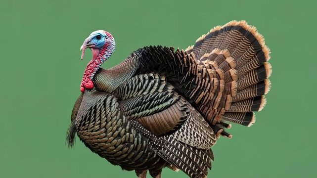 A majestic male wild turkey displaying its vibrant plumage against a green backdrop