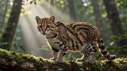 Fototapeta premium A wild ocelot prowls gracefully across a mossy log, bathed in golden sunlight filtering through dense jungle foliage.
