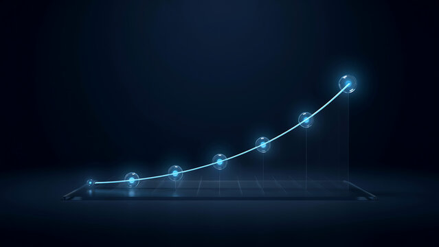 Minimalist Glowing Line Graph with Glass Spheres Showing Exponential Growth and Data Progress on Dark Surface