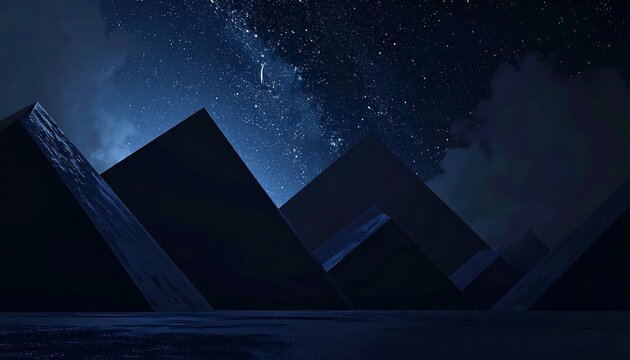 Abstract geometric structures under a vast, star-filled cosmic night, casting ethereal reflections on a tranquil, mysterious surface below