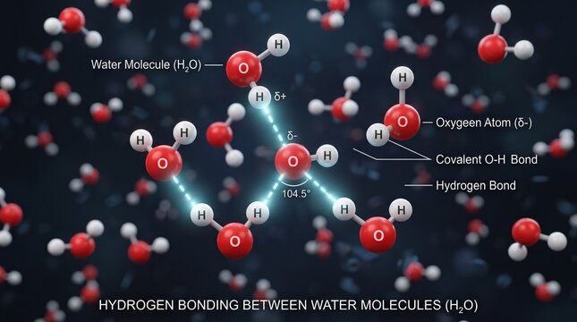 Water molecules forming hydrogen bonds. Chemical structure of H2O with oxygen and hydrogen atoms