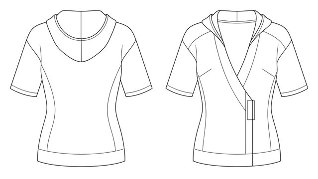 Short Sleeve Wrap Hoodie Technical Fashion Illustration. Front and Back View, Slim Fit, Wrap Neck Style, Unisex, White Color CAD Mockup. Hoodie Vector Template Illustration.