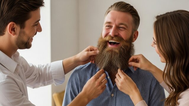 Friends grooming man's beard, happy laughter, lifestyle, fun, grooming, friendship